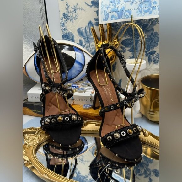 🆕 KURT GEIGER LONDON 🧿 NWOB Mini Bow Eyelet Heel Sandal, Black - Sz 37 US 7 - Picture 4 of 15